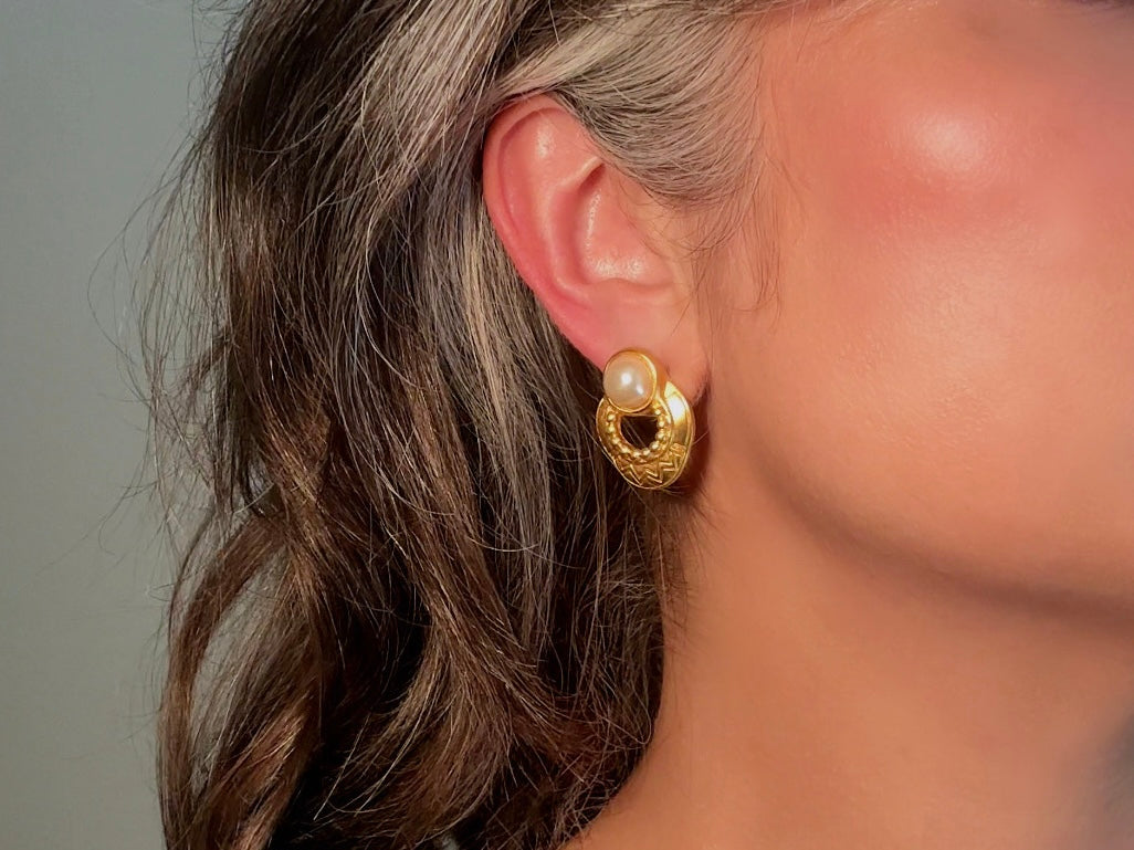 Pearl and Gold Etruscan Earrings, Vintage Pierced Door Knocker Earrings with Etched Detailing
