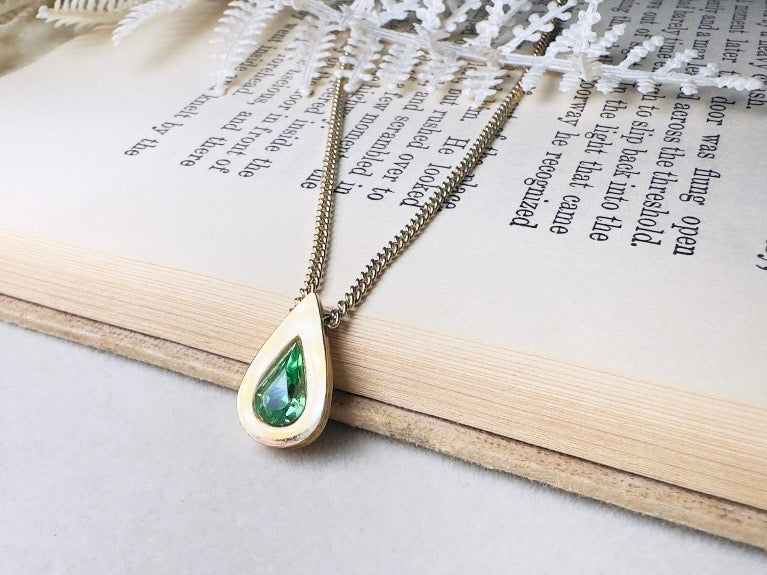 Peridot Teardrop Birthstone Necklace, Vintage Austrian Crystal Green Raindrop Pendant on Fine Gold Chain
