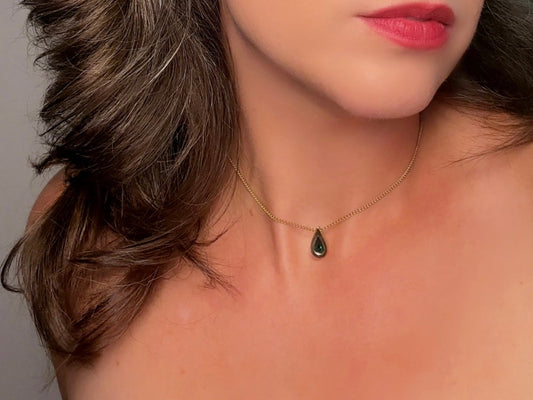 Peridot Teardrop Birthstone Necklace, Vintage Austrian Crystal Green Raindrop Pendant on Fine Gold Chain 
