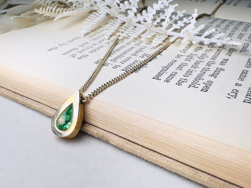Peridot Teardrop Birthstone Necklace, Vintage Austrian Crystal Green Raindrop Pendant on Fine Gold Chain