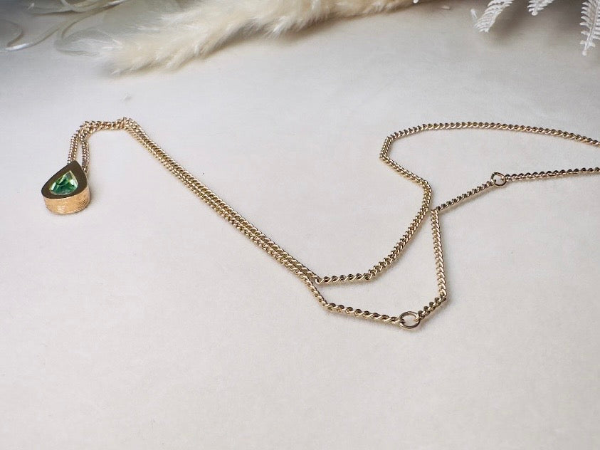 Peridot Teardrop Birthstone Necklace, Vintage Austrian Crystal Green Raindrop Pendant on Fine Gold Chain