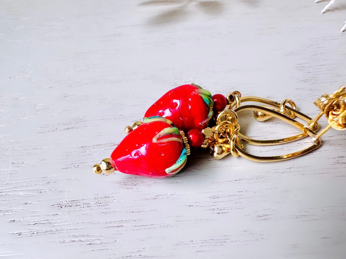 Strawberry Earrings, Original Handmade 24k Gold + Murano Glass Earring, Unique Fruit Charm Earrings, Glass Strawberry Earrings Pink or Red from Piggle and Pop