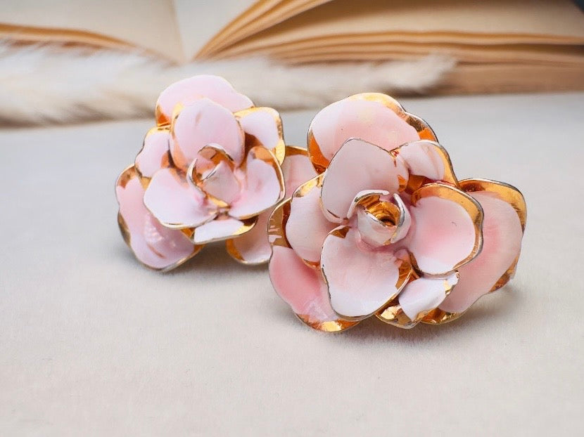 Pink Flower Earrings, Blush Vintage Rose Screwback Earrings in Gold and Pink Enamel