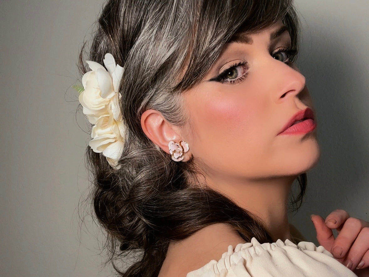 Pink Flower Earrings, Blush Vintage Rose Screwback Earrings in Gold and Pink Enamel