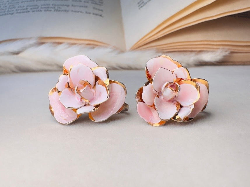 Pink Flower Earrings, Blush Vintage Rose Screwback Earrings in Gold and Pink Enamel
