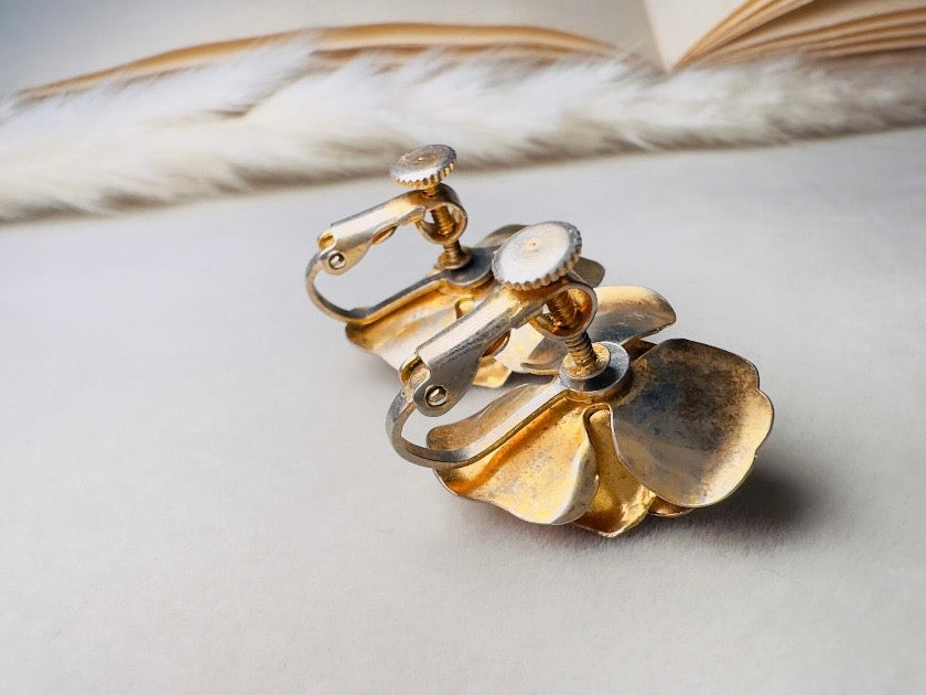 Pink Flower Earrings, Blush Vintage Rose Screwback Earrings in Gold and Pink Enamel