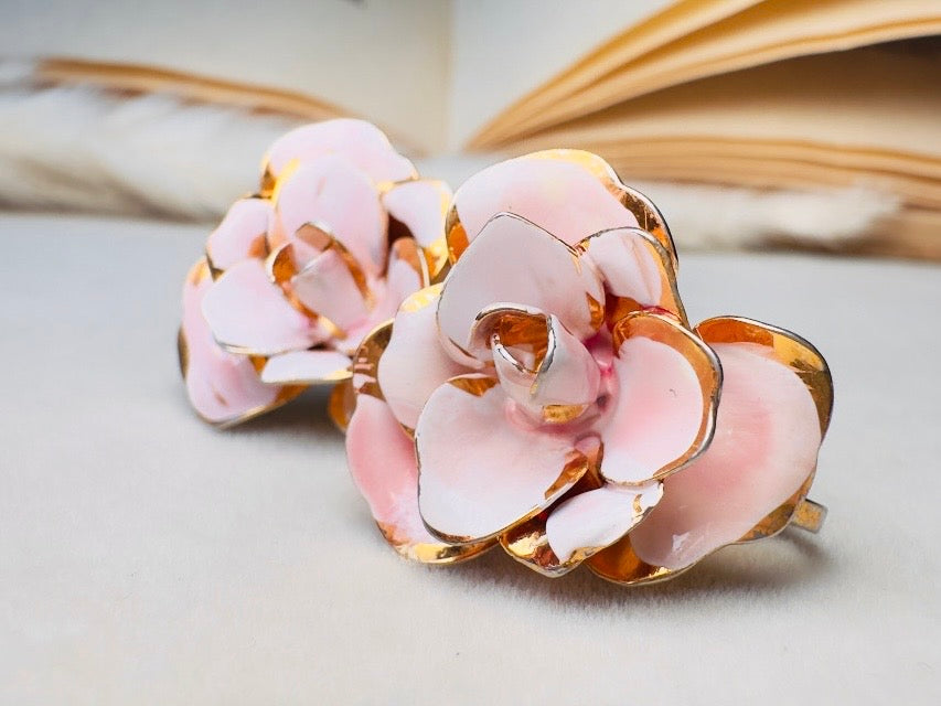 Pink Flower Earrings, Blush Vintage Rose Screwback Earrings in Gold and Pink Enamel