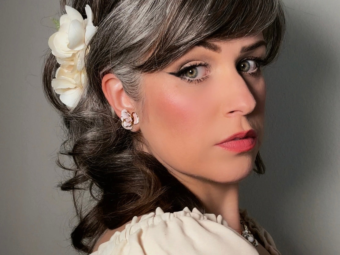 Pink Flower Earrings, Blush Vintage Rose Screwback Earrings in Gold and Pink Enamel