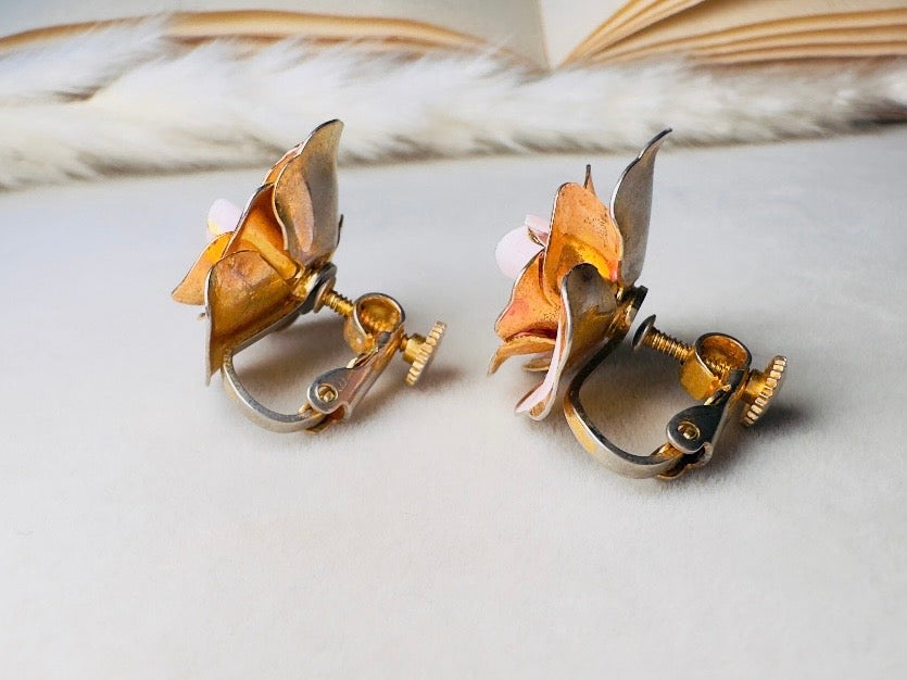 Pink Flower Earrings, Blush Vintage Rose Screwback Earrings in Gold and Pink Enamel