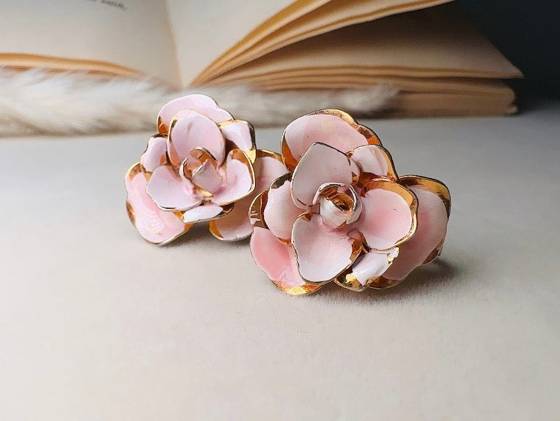 Pink Flower Earrings, Blush Vintage Rose Screwback Earrings in Gold and Pink Enamel