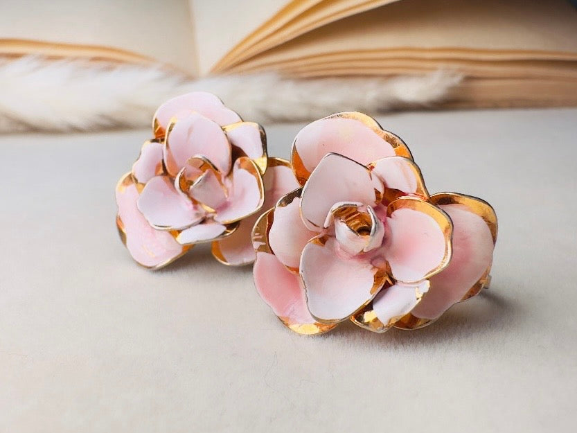 Pink Flower Earrings, Blush Vintage Rose Screwback Earrings in Gold and Pink Enamel