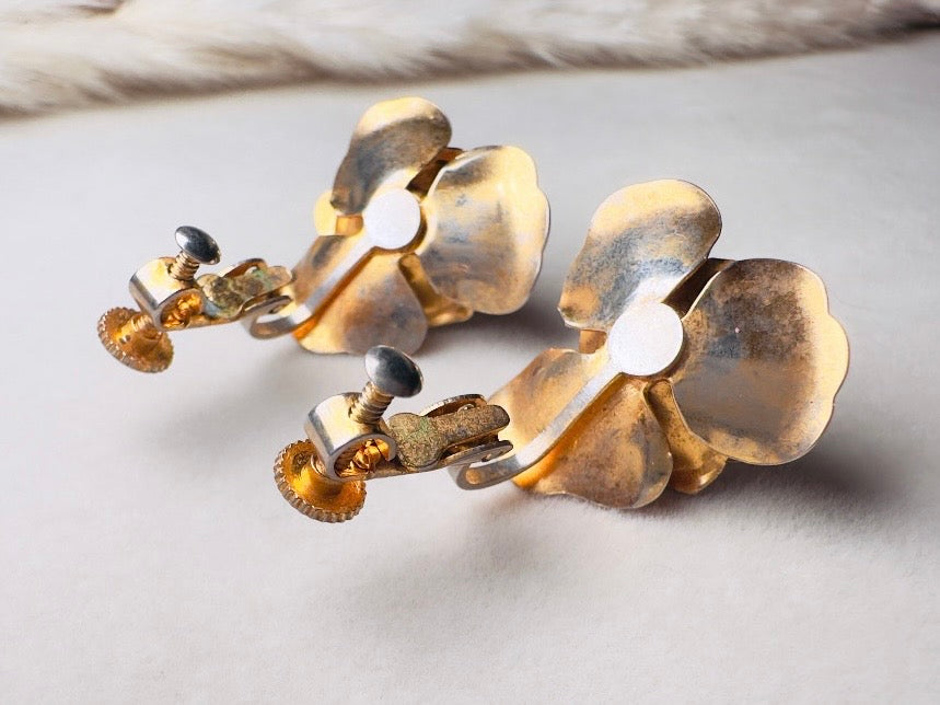 Pink Flower Earrings, Blush Vintage Rose Screwback Earrings in Gold and Pink Enamel