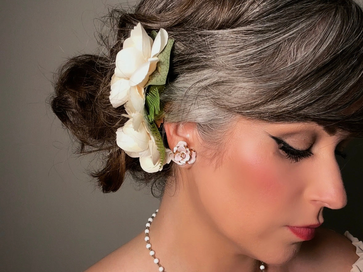 Pink Flower Earrings, Blush Vintage Rose Screwback Earrings in Gold and Pink Enamel