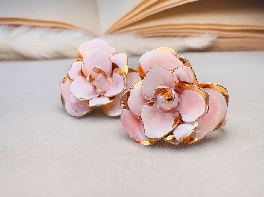 Pink Flower Earrings, Blush Vintage Rose Screwback Earrings in Gold and Pink Enamel