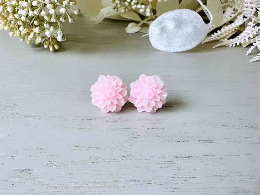 Pink Flower Earrings, Handmade Baby Pink Flower Post Earrings close up