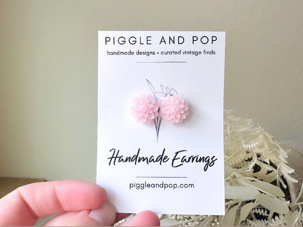 Pink Flower Earrings, Handmade Baby Pink Flower Post Earrings on handmade card