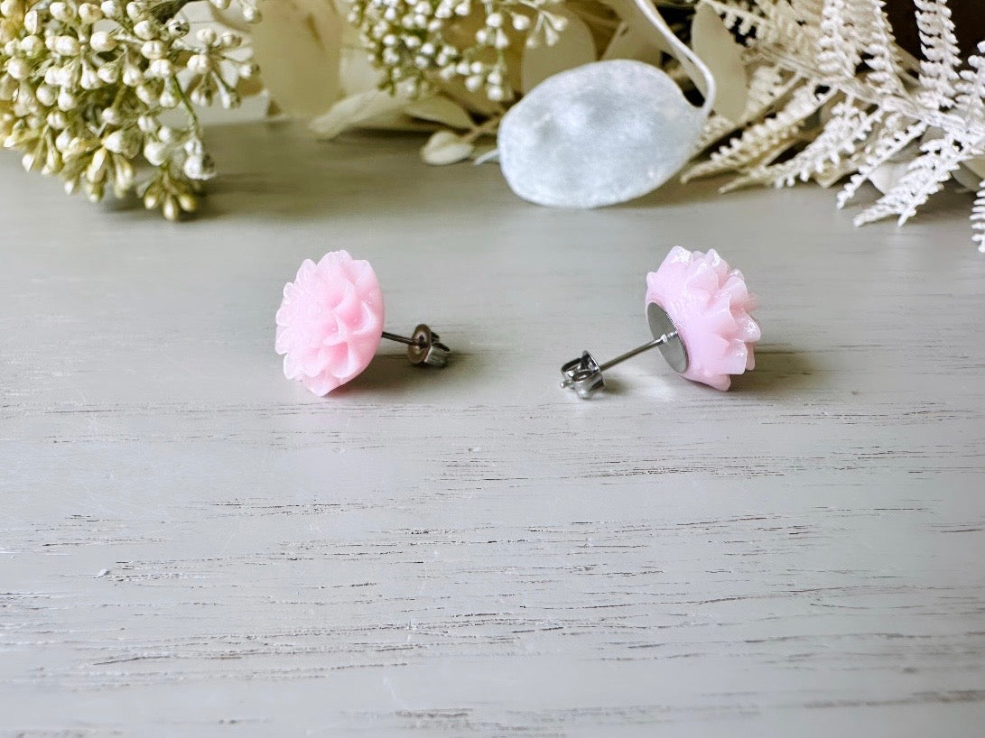 Pink Flower Earrings, Handmade Baby Pink Flower Post Earrings post back view