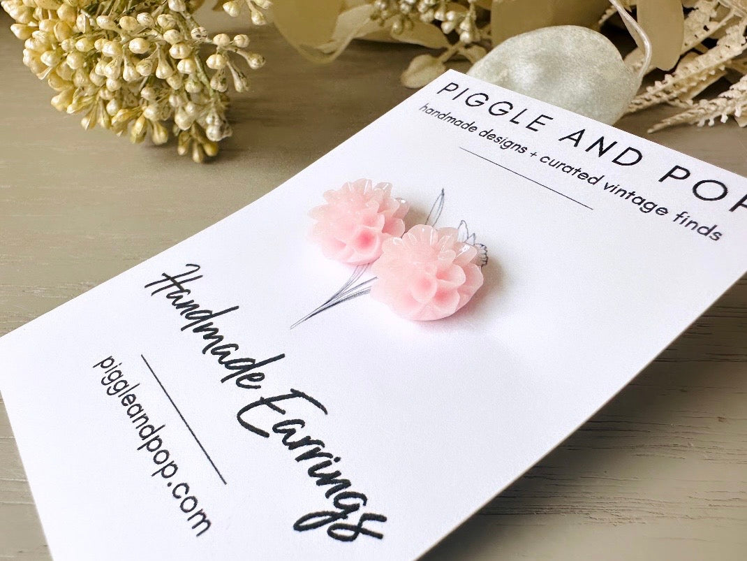  Pink Flower Earrings, Handmade Baby Pink Flower Post Earrings close up on card