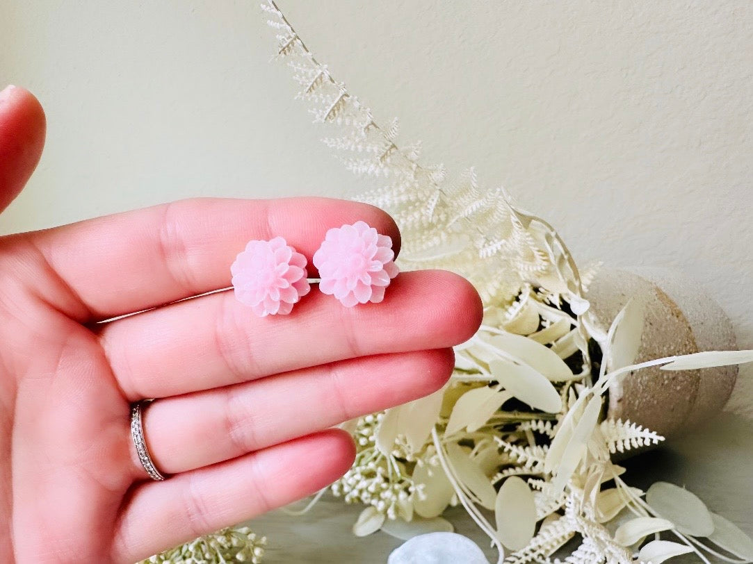 Pink Flower Earrings, Handmade Baby Pink Flower Post Earrings held in hand