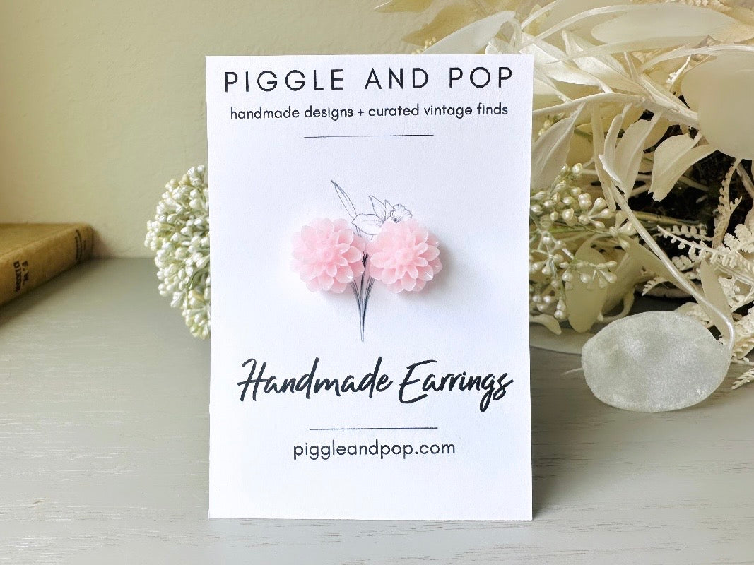 Pink Flower Earrings, Handmade Baby Pink Flower Post Earrings front view card