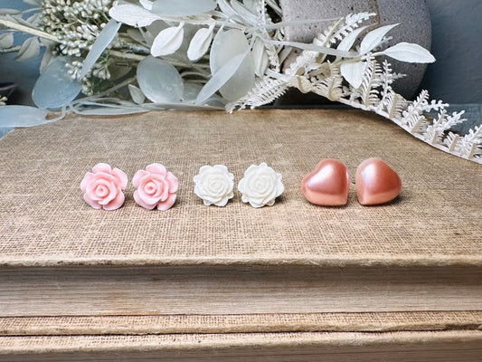 Pink Flower and Heart Earrings Set, Floral Earring Gift for Girls, Hypoallergenic Surgical Steel Post Earrings