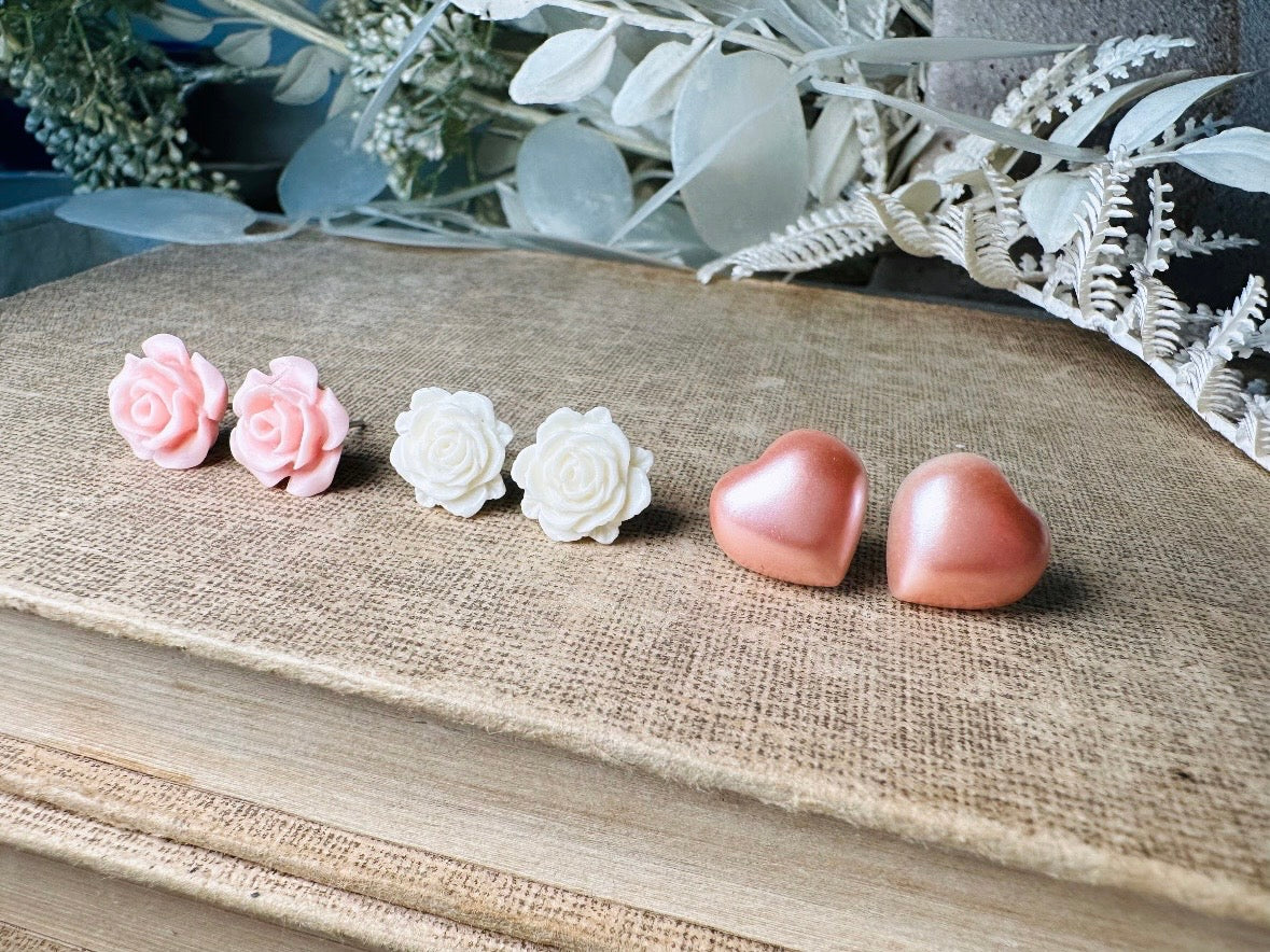 Pink Flower and Heart Earrings Set, Floral Earring Gift for Girls, Hypoallergenic Surgical Steel Post Earrings