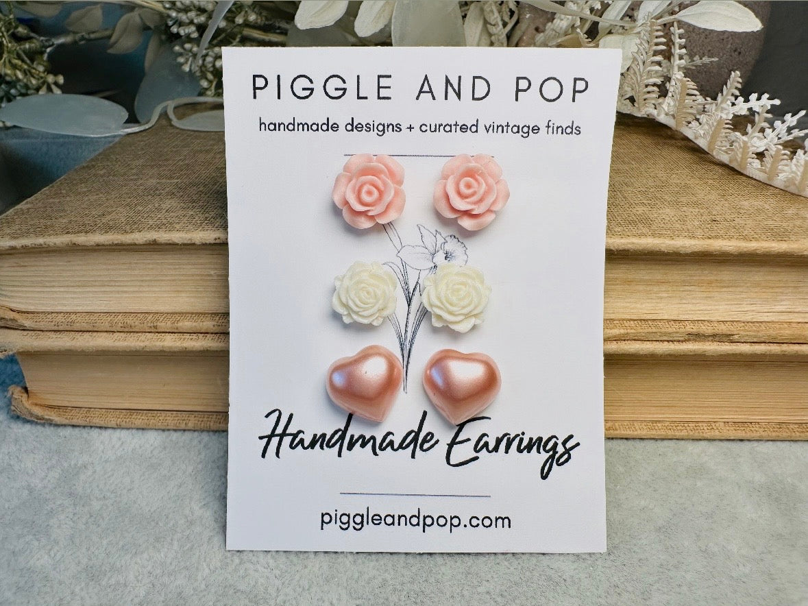 Pink Flower and Heart Earrings Set, Floral Earring Gift for Girls, Hypoallergenic Surgical Steel Post Earrings