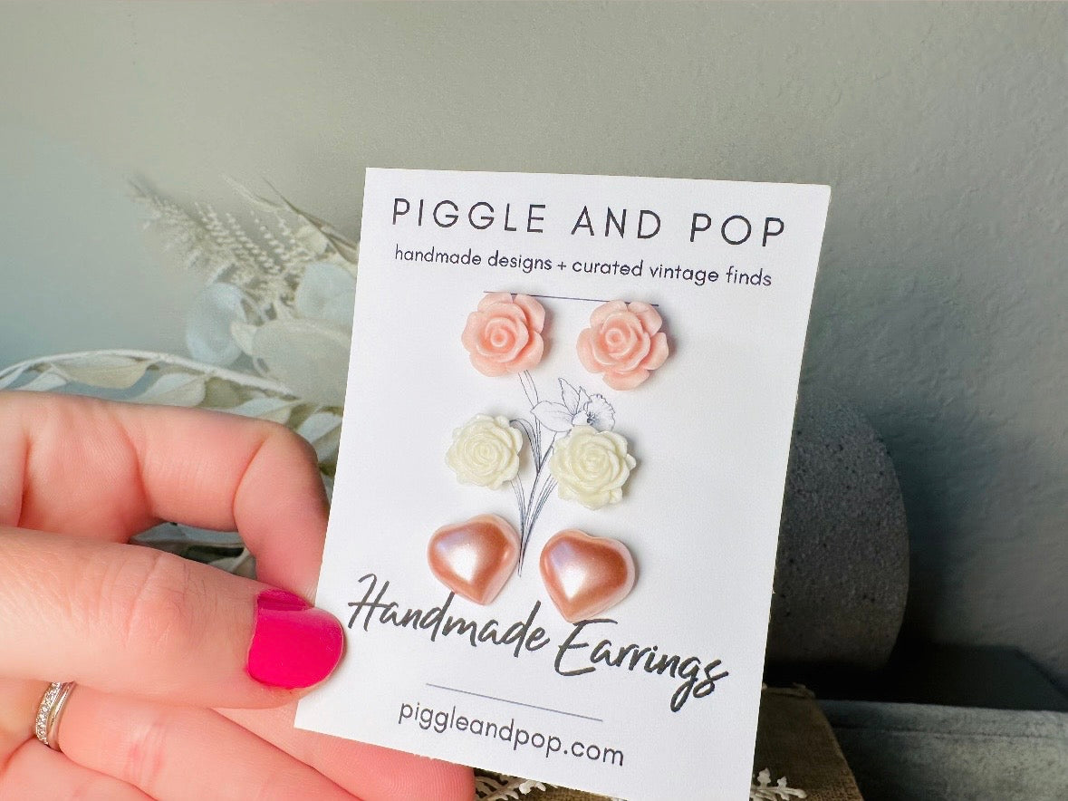 Pink Flower and Heart Earrings Set, Floral Earring Gift for Girls, Hypoallergenic Surgical Steel Post Earrings