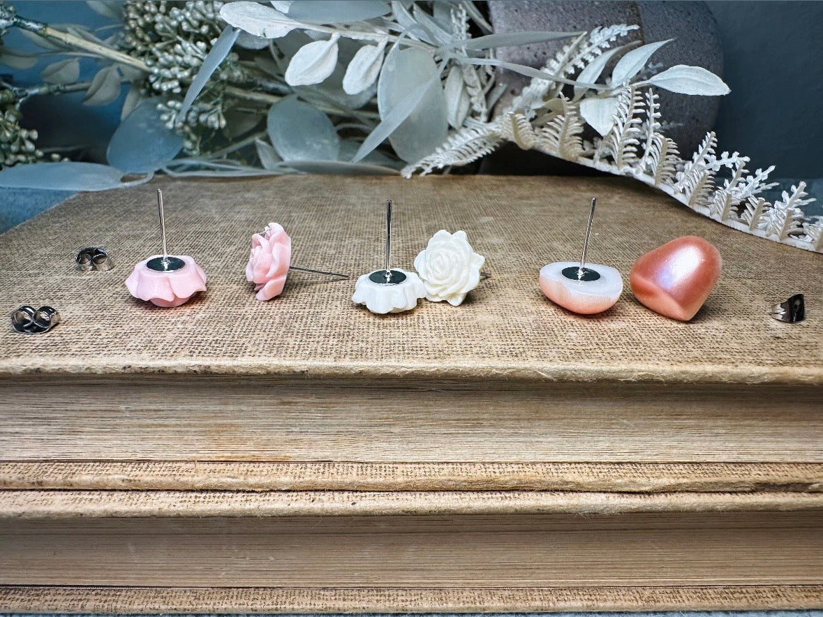 Pink Flower and Heart Earrings Set, Floral Earring Gift for Girls, Hypoallergenic Surgical Steel Post Earrings