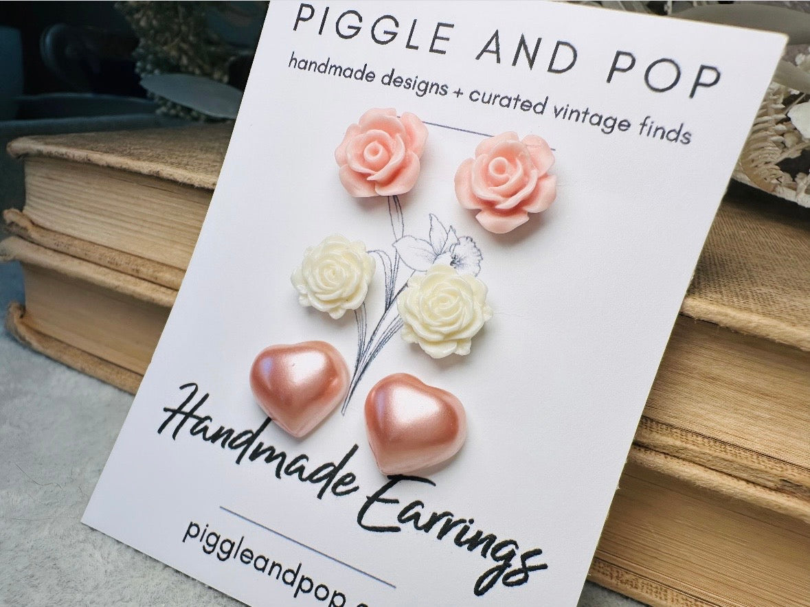 Pink Flower and Heart Earrings Set, Floral Earring Gift for Girls, Hypoallergenic Surgical Steel Post Earrings