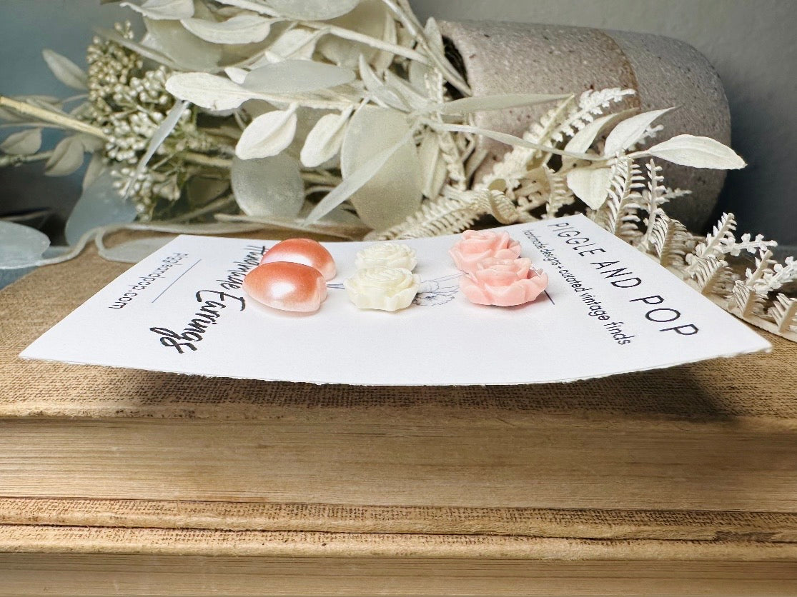 Pink Flower and Heart Earrings Set, Floral Earring Gift for Girls, Hypoallergenic Surgical Steel Post Earrings