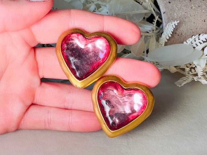 Pink Heart Earrings, Oversized Vintage Gold Heart Statement Earrings, Textured Lucite and Matte Gold Foil Back 80s Pierced Post Earrings