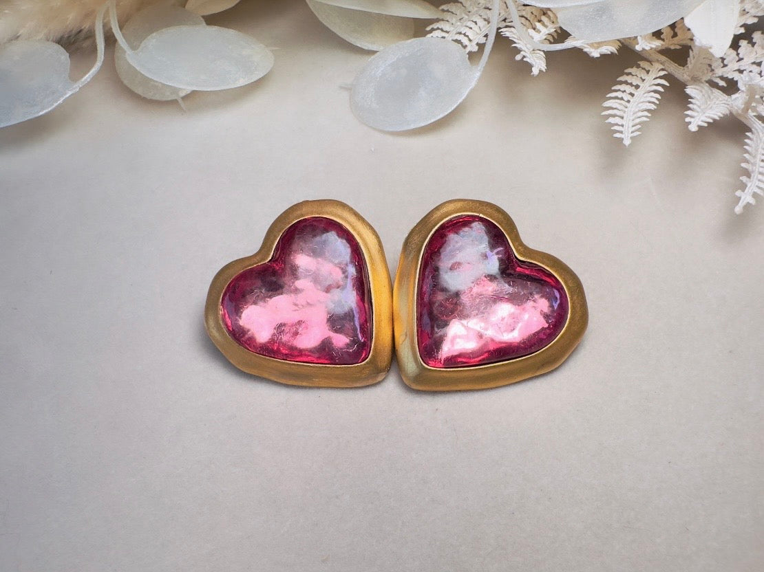 Pink Heart Earrings, Oversized Vintage Gold Heart Statement Earrings, Textured Lucite and Matte Gold Foil Back 80s Pierced Post Earrings