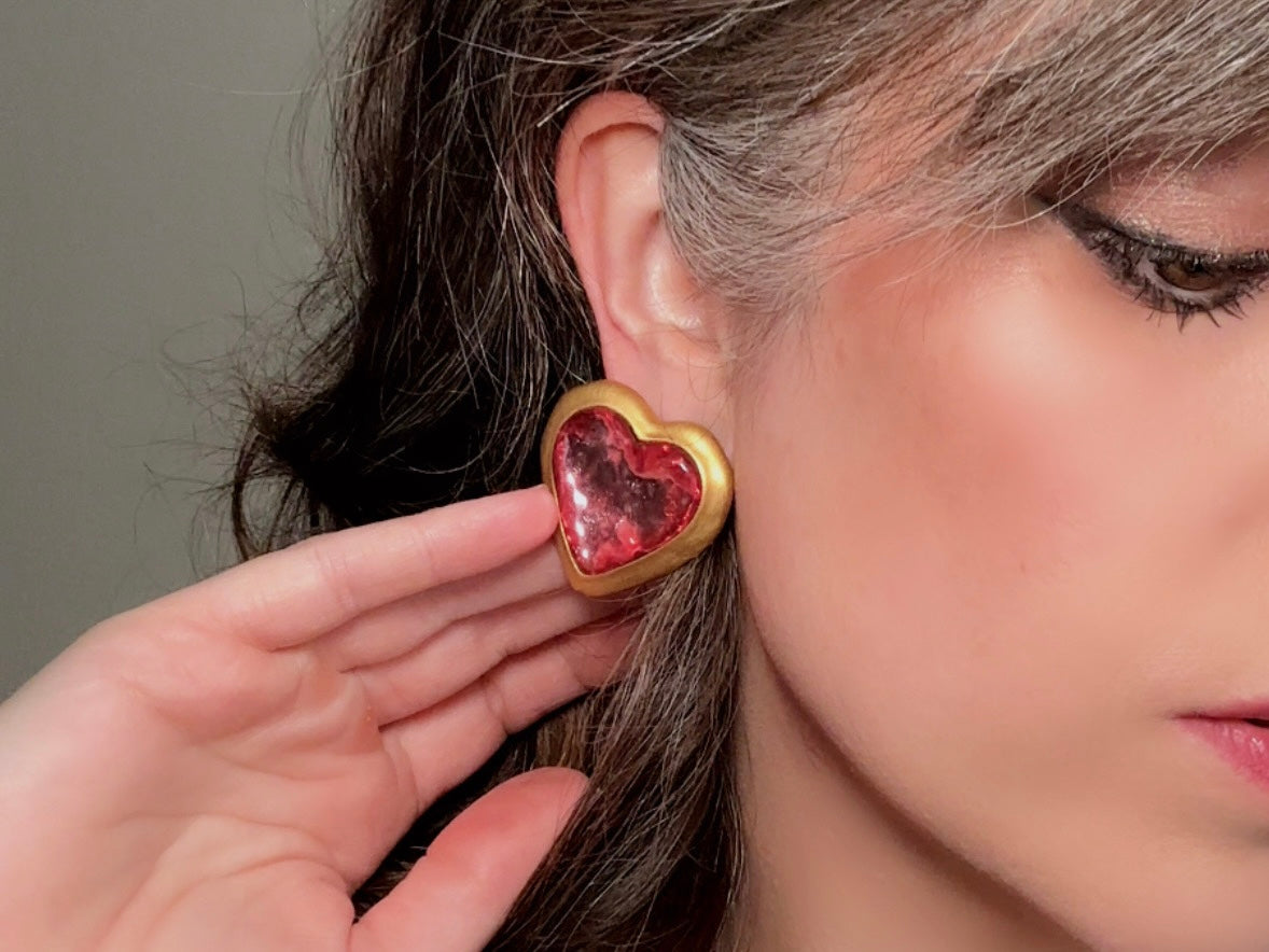 Pink Heart Earrings, Oversized Vintage Gold Heart Statement Earrings, Textured Lucite and Matte Gold Foil Back 80s Pierced Post Earrings