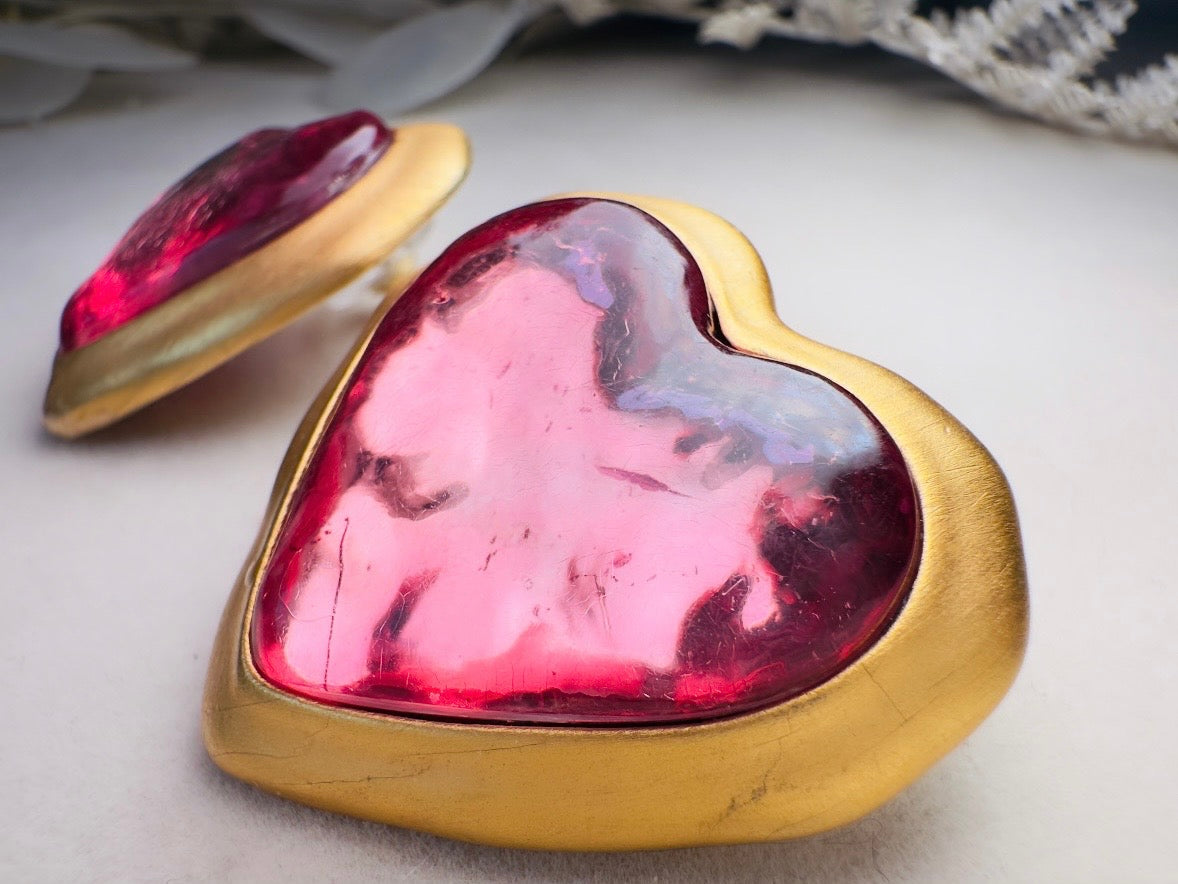Pink Heart Earrings, Oversized Vintage Gold Heart Statement Earrings, Textured Lucite and Matte Gold Foil Back 80s Pierced Post Earrings