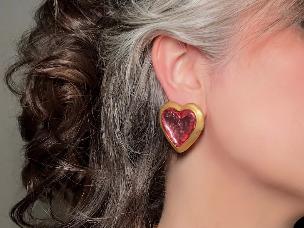 Pink Heart Earrings, Oversized Vintage Gold Heart Statement Earrings, Textured Lucite and Matte Gold Foil Back 80s Pierced Post Earrings