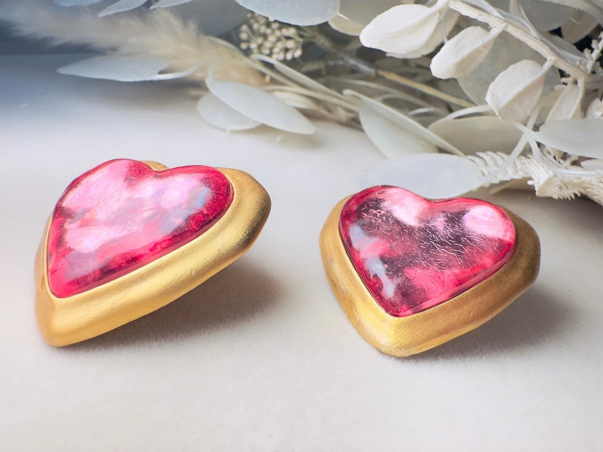 Pink Heart Earrings, Oversized Vintage Gold Heart Statement Earrings, Textured Lucite and Matte Gold Foil Back 80s Pierced Post Earrings