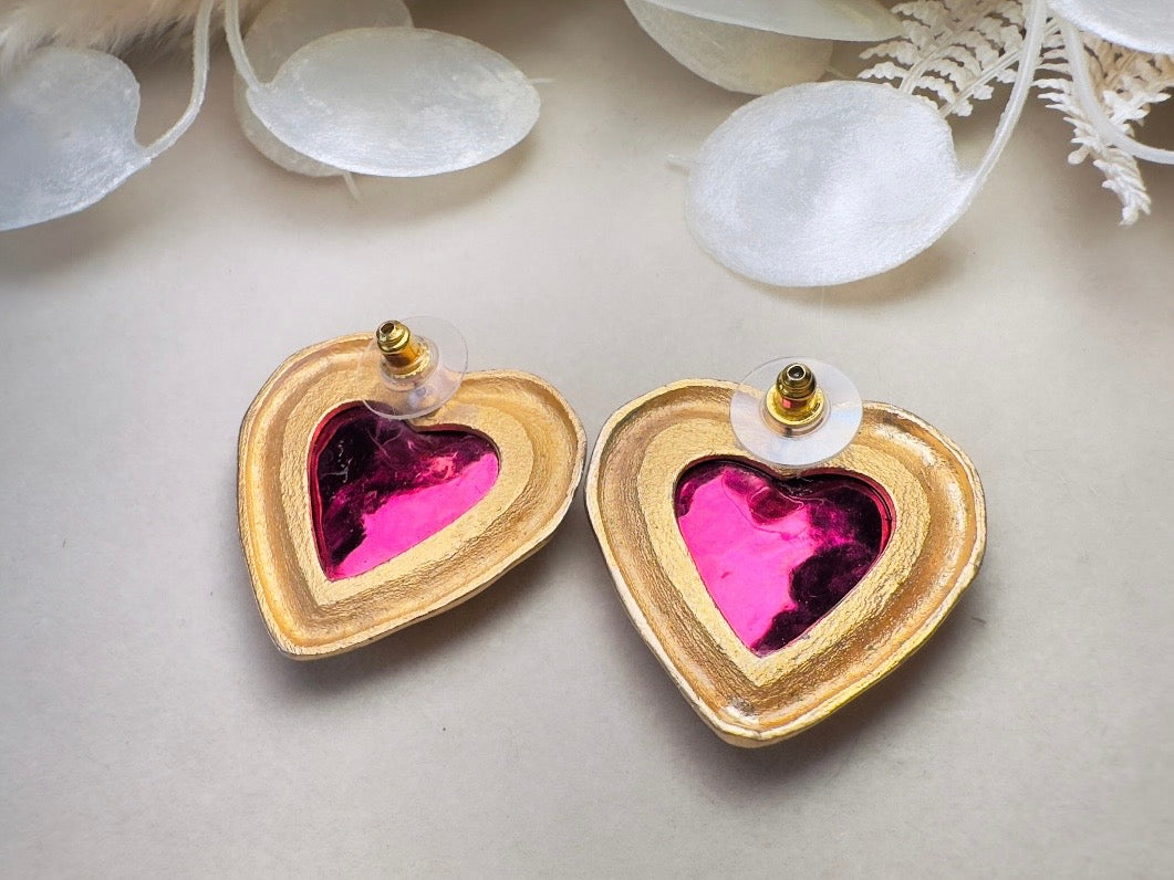 Pink Heart Earrings, Oversized Vintage Gold Heart Statement Earrings, Textured Lucite and Matte Gold Foil Back 80s Pierced Post Earrings