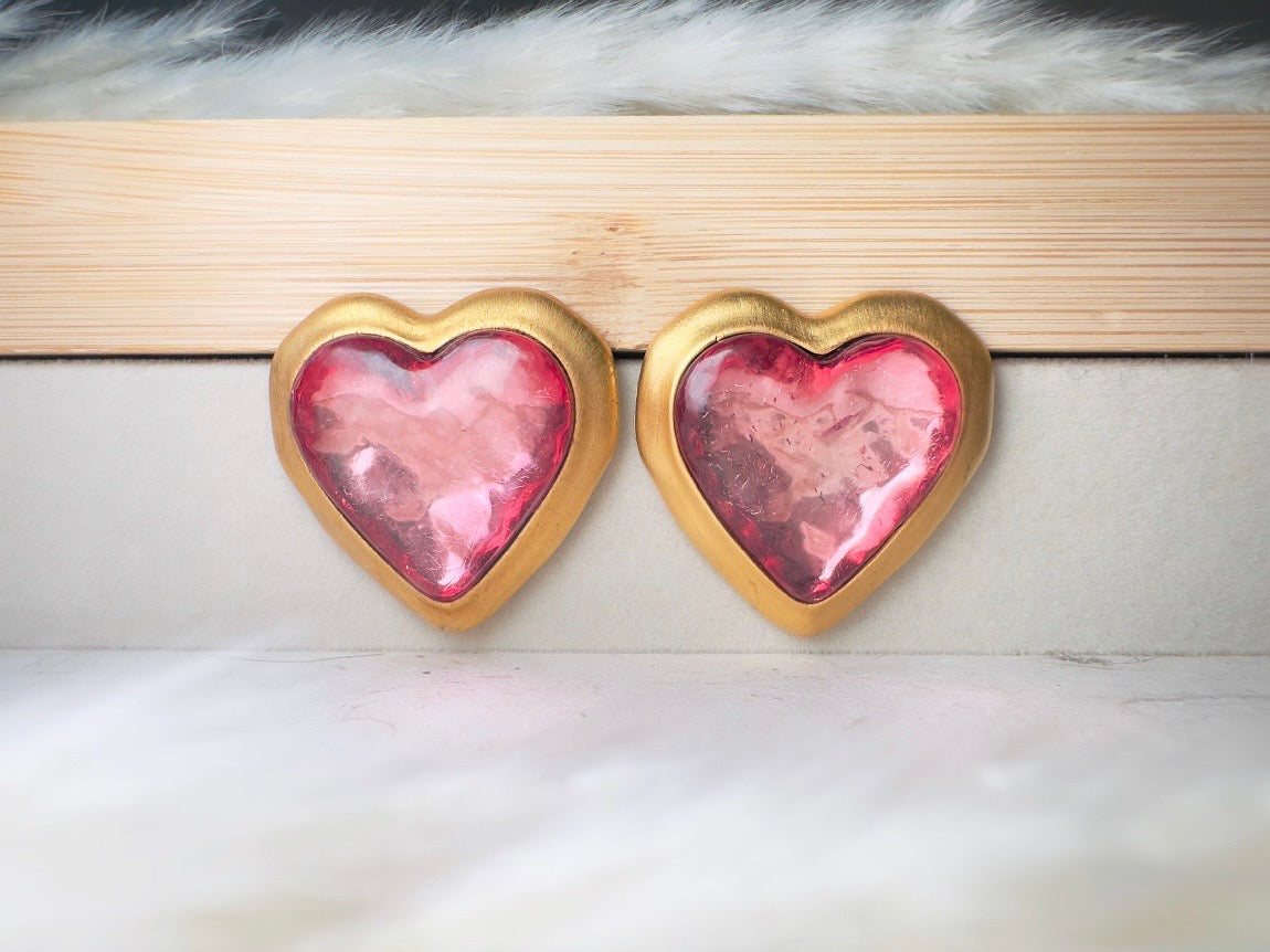 Pink Heart Earrings, Oversized Vintage Gold Heart Statement Earrings, Textured Lucite and Matte Gold Foil Back 80s Pierced Post Earrings