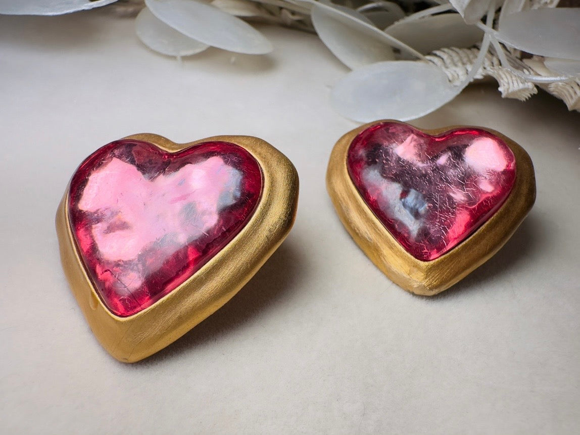 Pink Heart Earrings, Oversized Vintage Gold Heart Statement Earrings, Textured Lucite and Matte Gold Foil Back 80s Pierced Post Earrings
