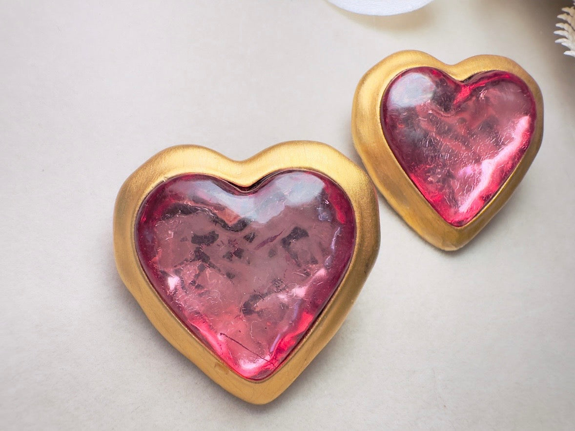 Pink Heart Earrings, Oversized Vintage Gold Heart Statement Earrings, Textured Lucite and Matte Gold Foil Back 80s Pierced Post Earrings