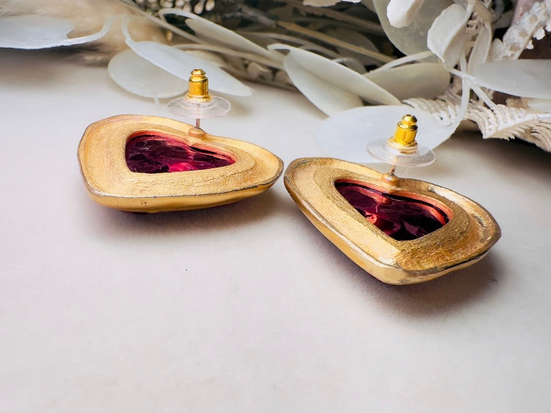 Pink Heart Earrings, Oversized Vintage Gold Heart Statement Earrings, Textured Lucite and Matte Gold Foil Back 80s Pierced Post Earrings