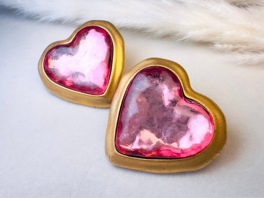 Pink Heart Earrings, Oversized Vintage Gold Heart Statement Earrings, Textured Lucite and Matte Gold Foil Back 80s Pierced Post Earrings