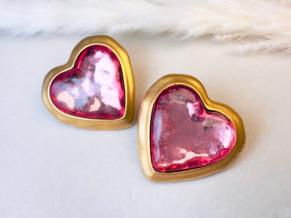 Pink Heart Earrings, Oversized Vintage Gold Heart Statement Earrings, Textured Lucite and Matte Gold Foil Back 80s Pierced Post Earrings