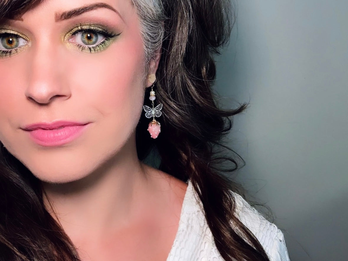 Pink Strawberry Earrings with Gold Filigree Butterfly, Handmade 24k Pearl Dangle Earrings modelled by Bethan Jayne