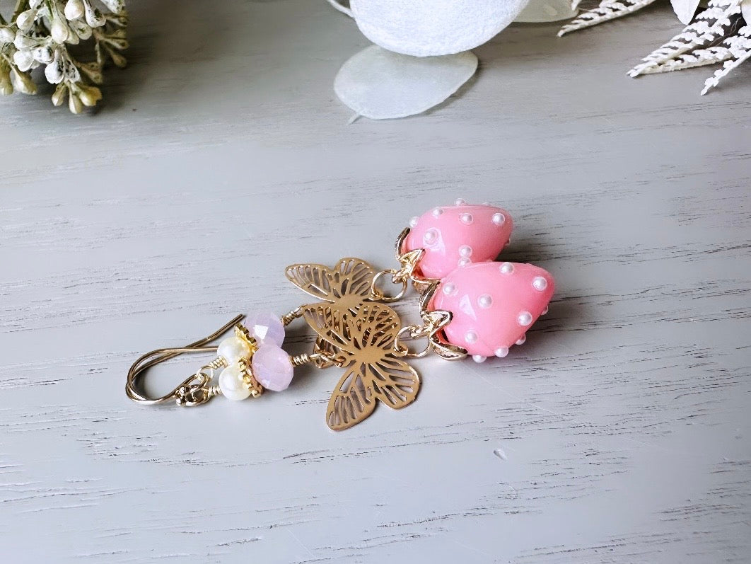 Pink Strawberry Earrings with Gold Filigree Butterfly, Handmade 24k Pearl Dangle Earrings