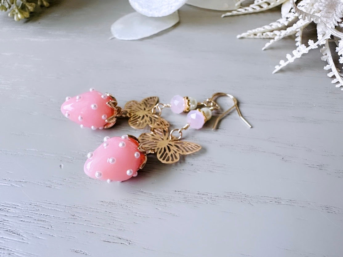 close up Pink Strawberry Earrings with Gold Filigree Butterfly, Handmade 24k Pearl Dangle Earrings