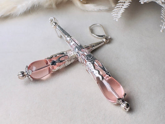 Pink Teardrop Earrings, Handmade Czech Glass Beaded Earrings with Silver Filigree and Crystals