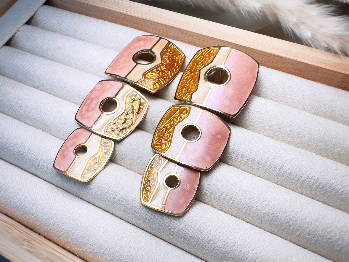 Pink and Gold Berebi Earrings, 1980s Funky Dramatic Vintage Designer Earrings, Pierced Enamel Statement Earrings, Cut Out Dangle Earrings