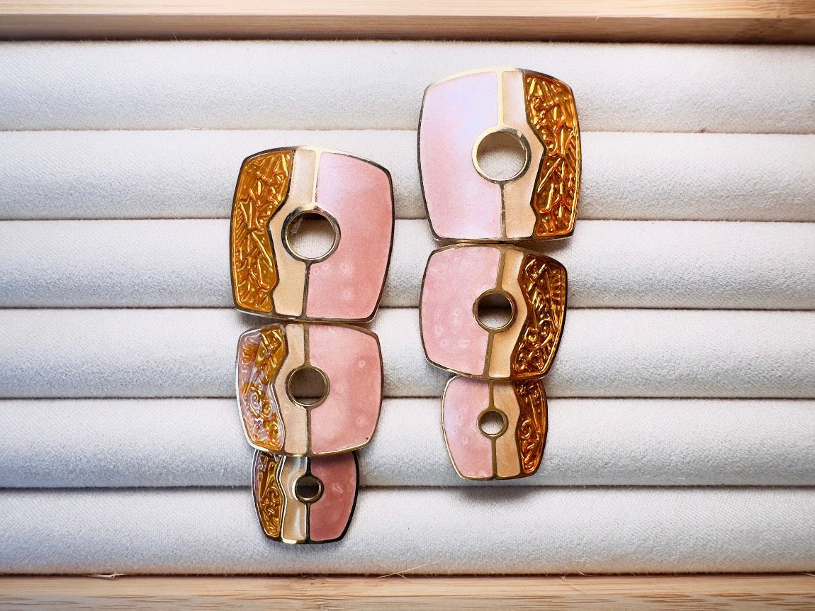 Pink and Gold Berebi Earrings, 1980s Funky Dramatic Vintage Designer Earrings, Pierced Enamel Statement Earrings, Cut Out Dangle Earrings